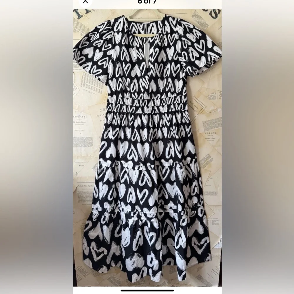 Anthropologie The Somerset Maxi Dress Smocked Heart Edition Poplin Black White - Picture 6 of 7